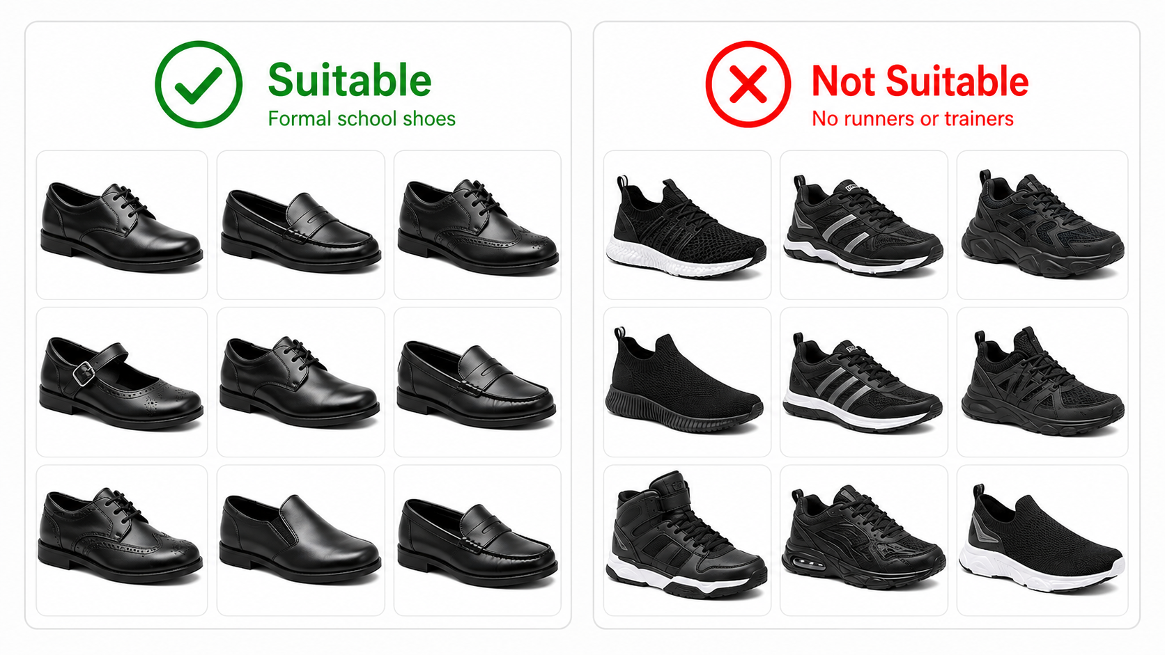 Examples of suitable and unsuitable school shoes